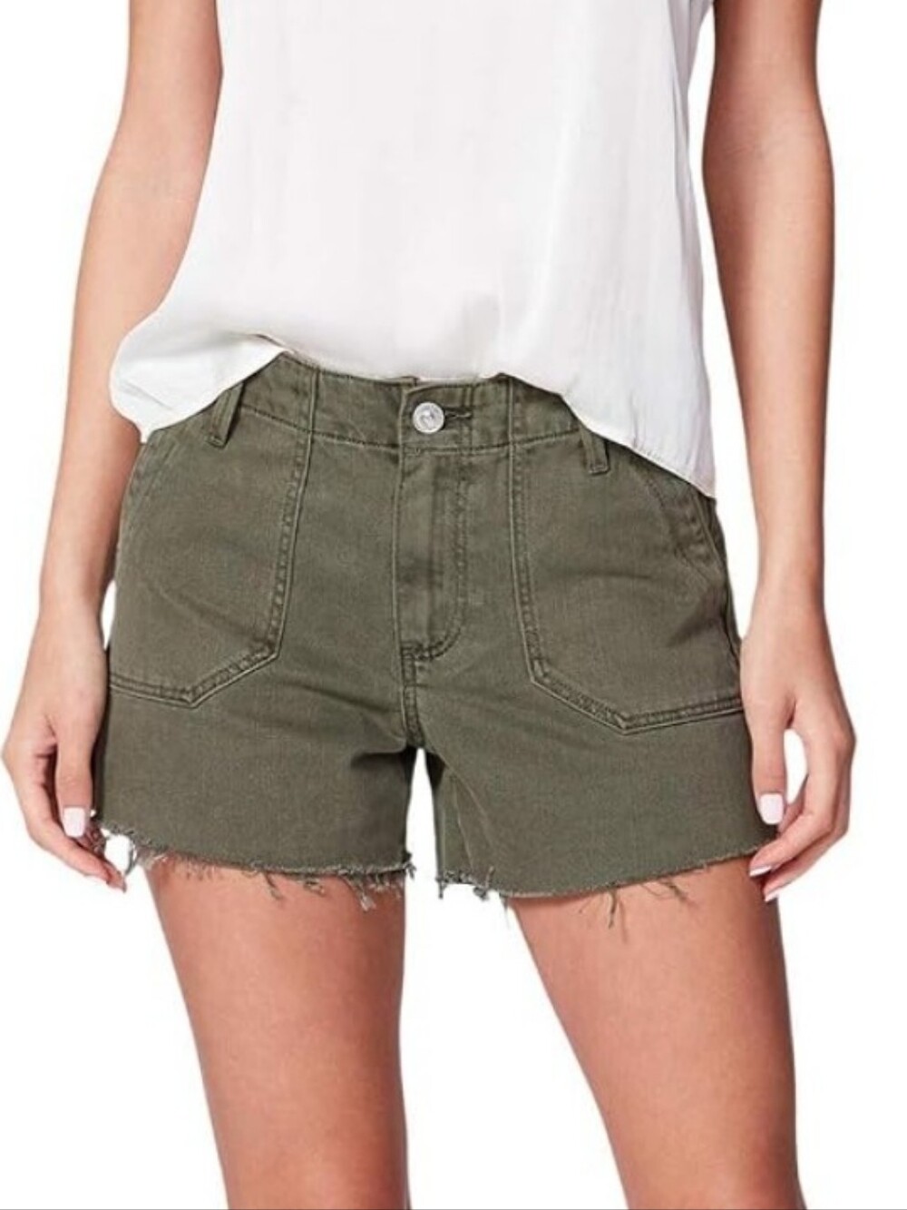 PAIGE Mayslie Utility Shorts Green High-Rise Frayed Hem Sz 34 18 NWT Jorts